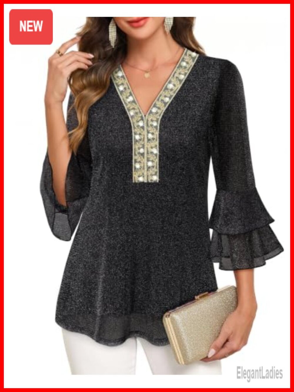Ruffle V-Neck Mesh Blouse Double Layers Sequin 3/4 Sleeve